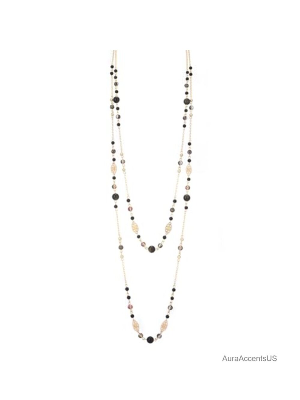Gold Plated Layered Long Beaded Necklace Natural Stone Double Strand Statement